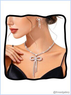 Rhinestone Bow Necklace and Earring Set Sparkly Prom Jewelry for Women